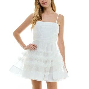 City Studios Juniors' Shirred Ruffled Fit & Flare Dress, White, 12